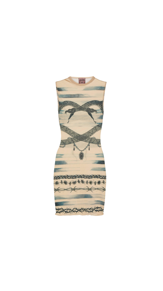 Tattoo Snake Printed Mesh Dress - Beige
