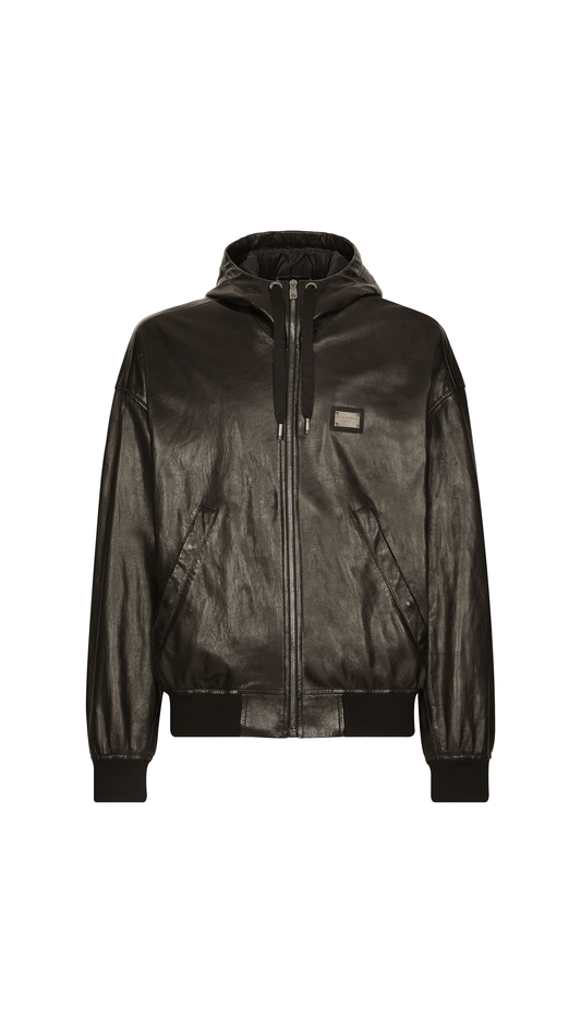 Nappa Leather Jacket with Hood and Tag - Black