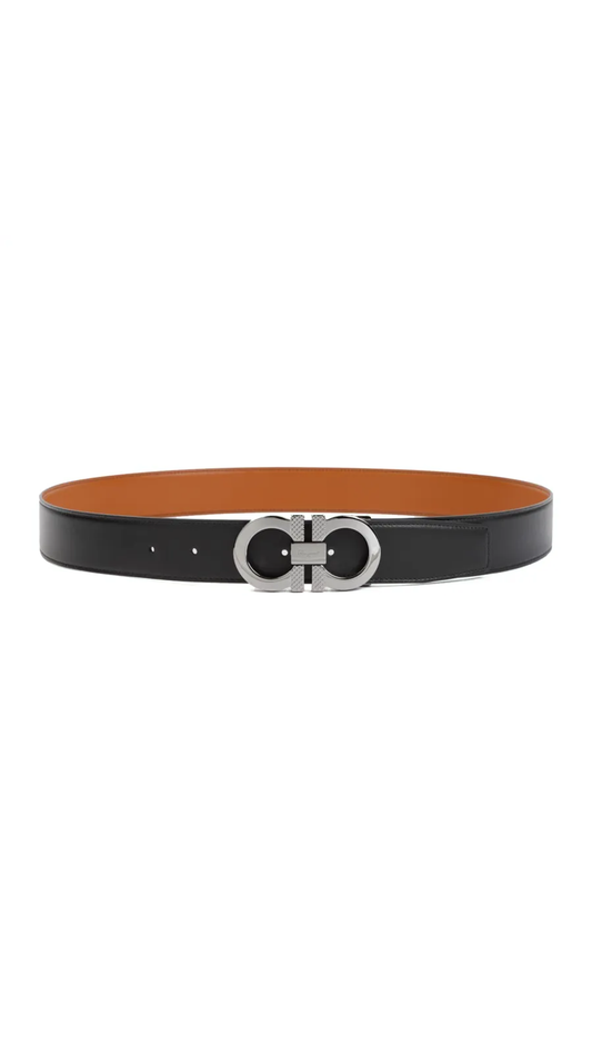 Reversible and Adjustable Gancini Belt - Black/Vicuña