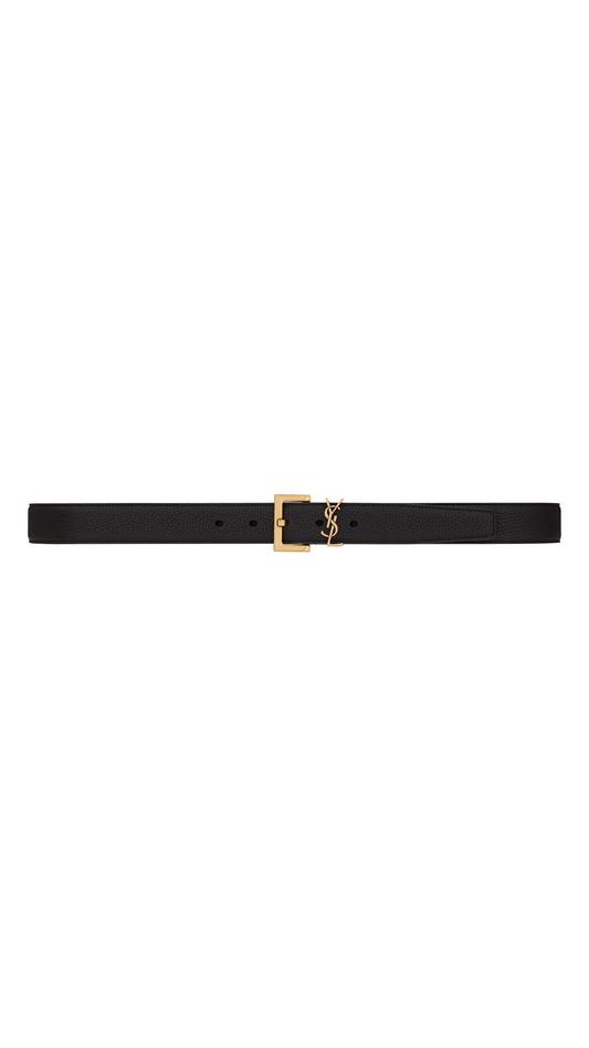 Cassandre Belt with Square Buckle in Grained Leather - Black