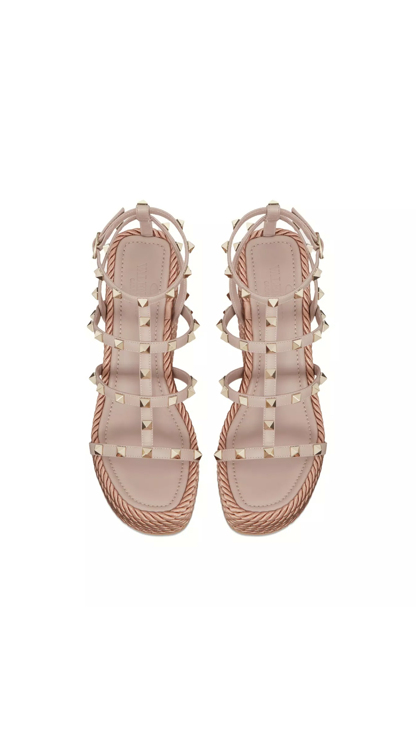 Rockstud Ankle Strap Wedge Sandal in Calfskin Leather 95MM - Poudre