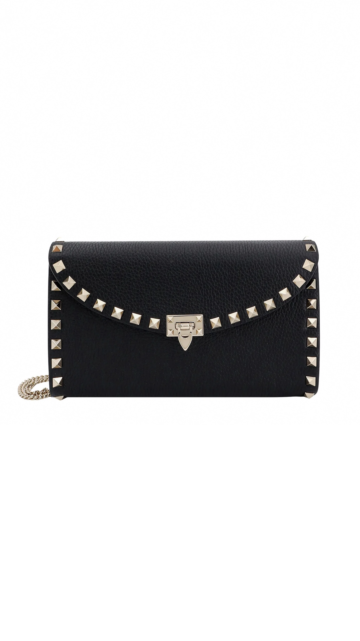 Rockstud Wallet on Chain in Grainy Calfskin - Black