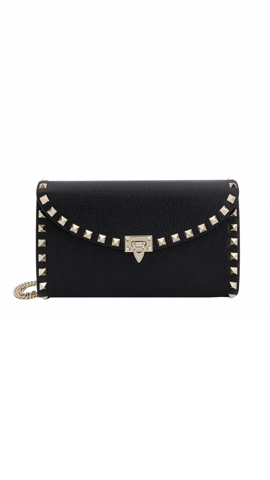 Rockstud Wallet on Chain in Grainy Calfskin - Black