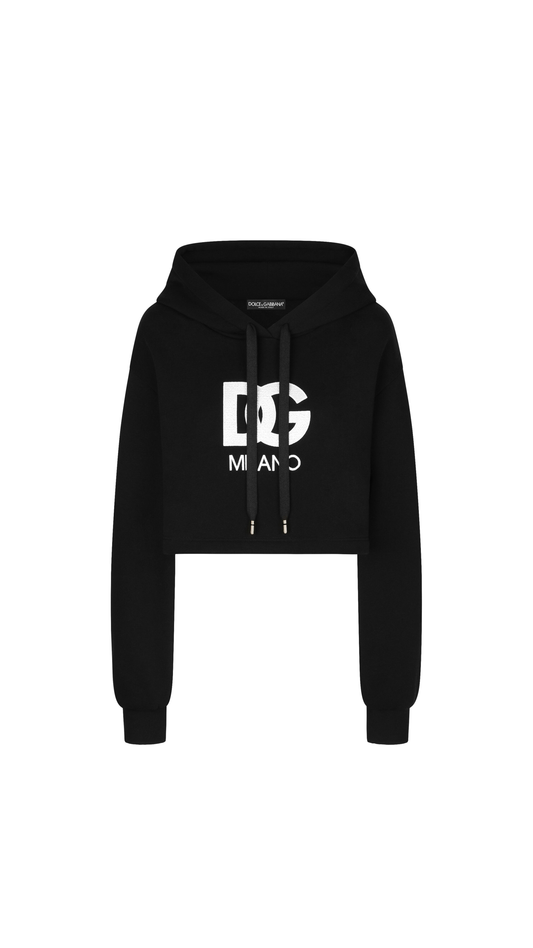 Cropped Jersey Hoodie with Embroidered DG Patch - Black