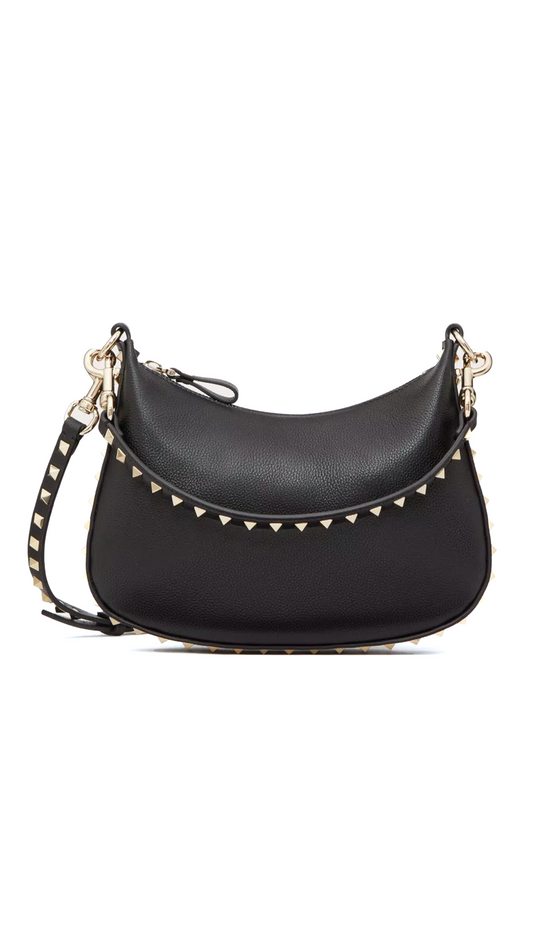 Small Rockstud Hobo Bag in Grainy Calfskin - Black