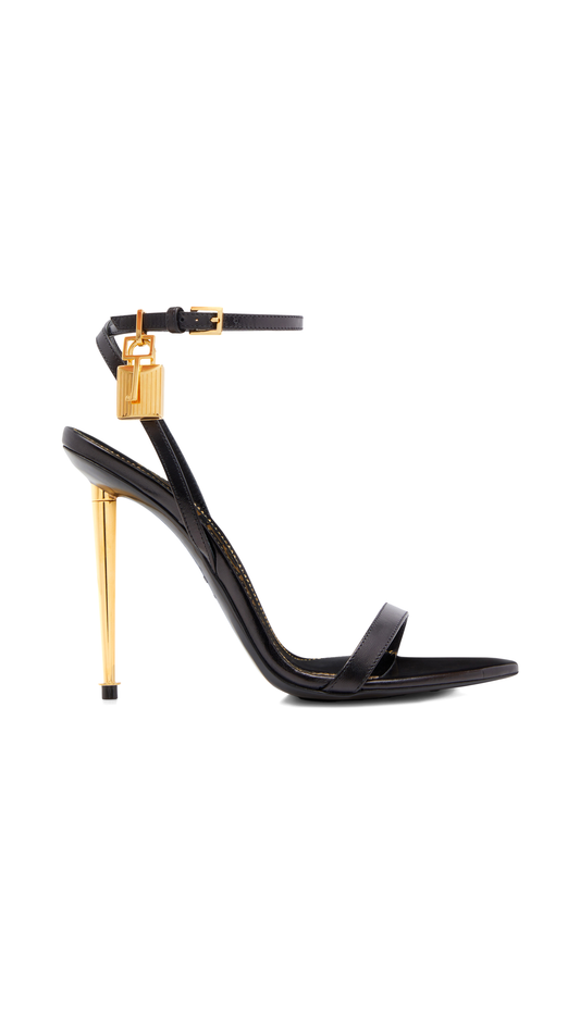 Shiny Leather Padlock Pointy Naked Sandal - Black