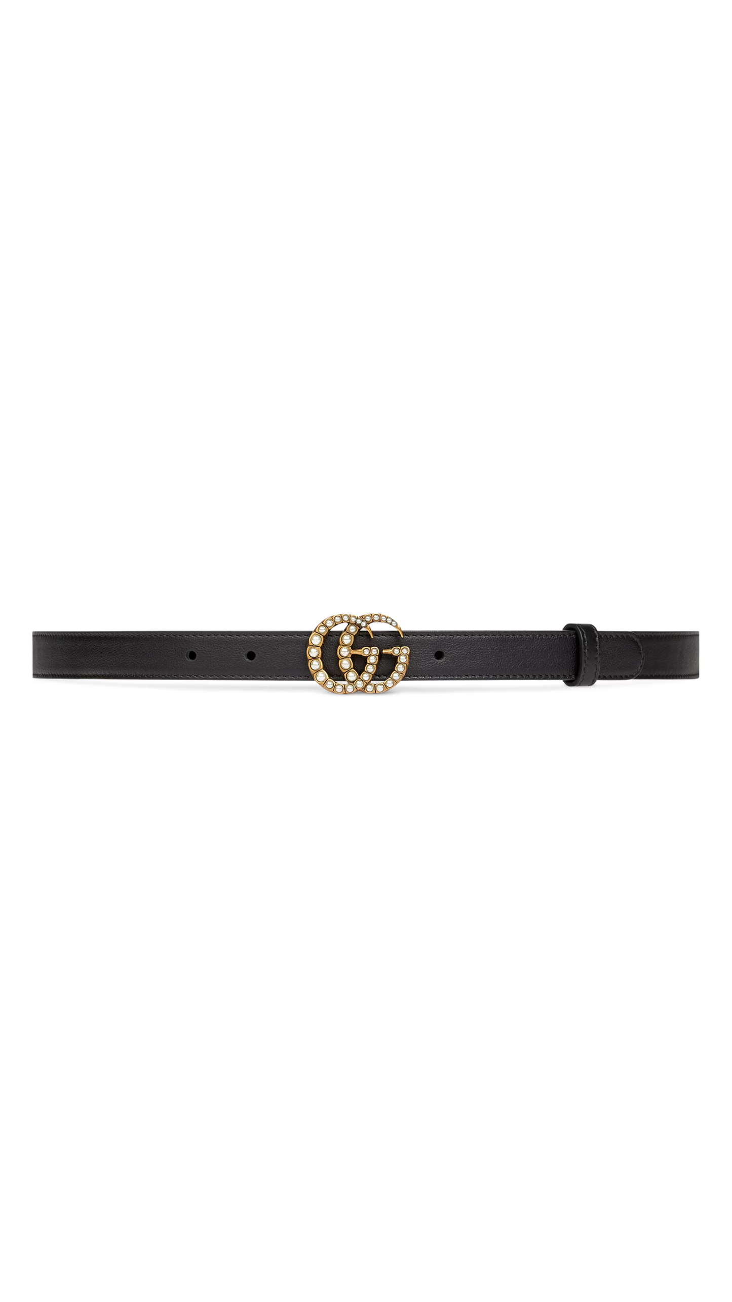 Leather Belt with Pearl Double G Buckle - Black