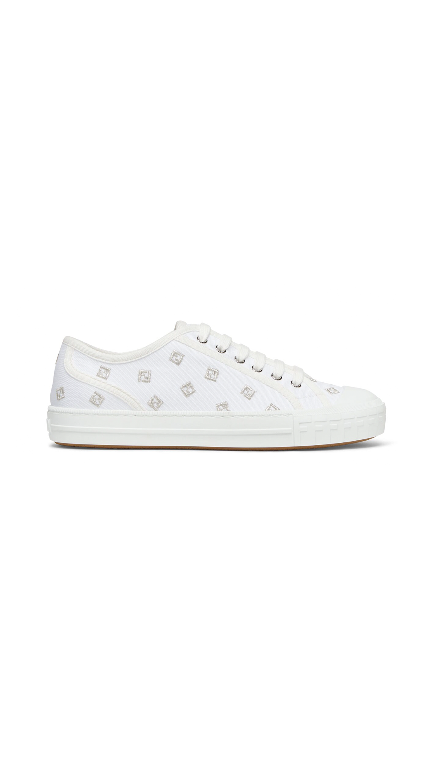 Domino Canvas Sneakers with Silver Embroidery - White