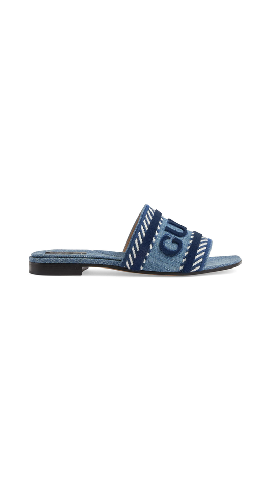 Slide Sandal with Gucci Script in Denim - Blue