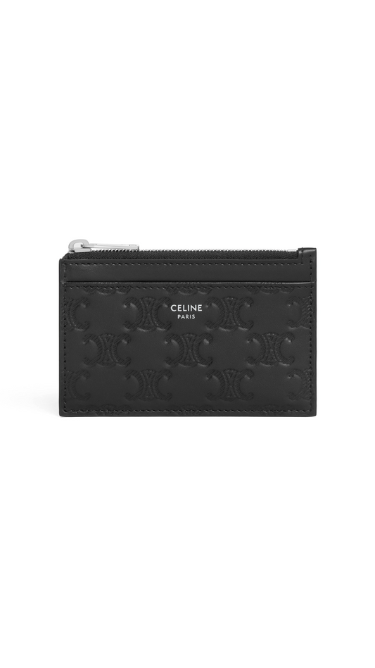 Zipped Card Holder in Calfskin with Triomphe Embossed - Black