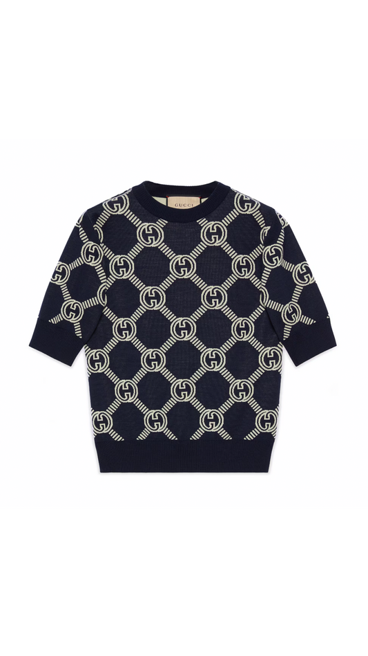 Reversible GG Wool Jacquard Top - Navy/Ivory