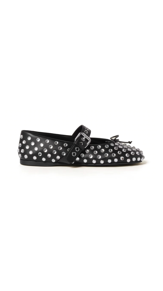 Leather and Rhinestone Ballerinas - Black