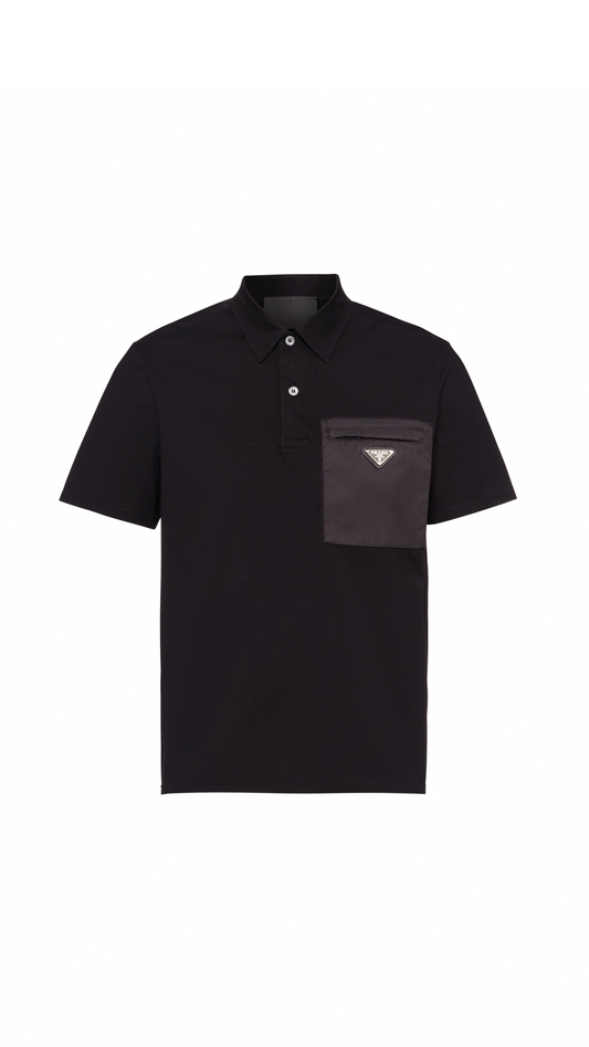 Stretch Cotton Polo Shirt with Nylon Details - Black