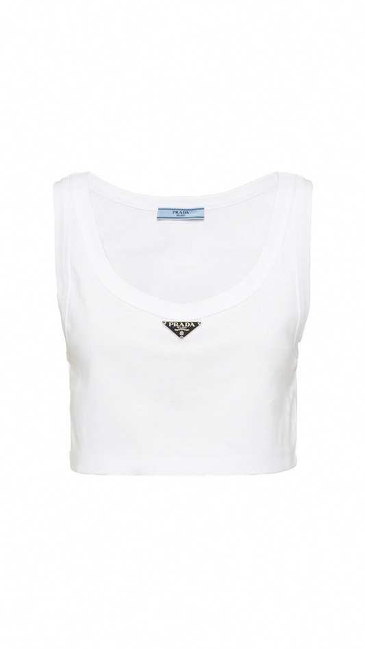 Ribbed Jersey Cropped Tank - White