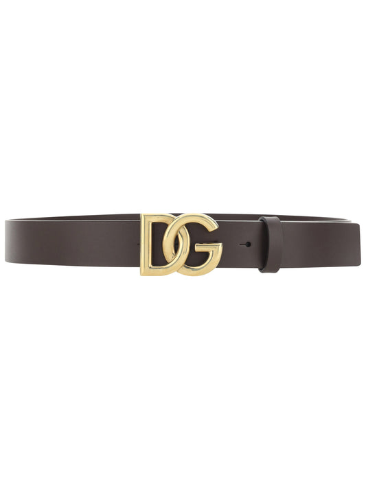 Leather Belt with DG Logo - Dark Brown