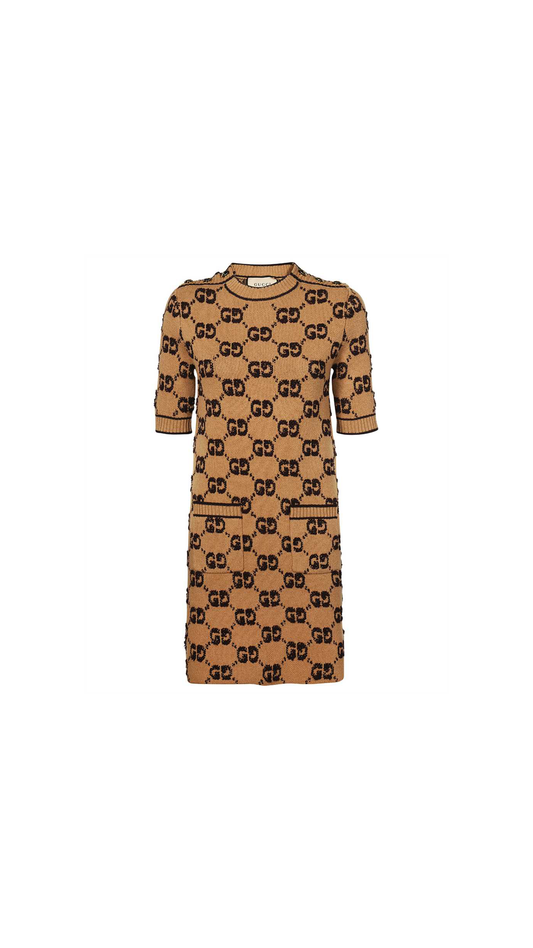 GG Wool Bouclé Jacquard Dress - Camel And Brown