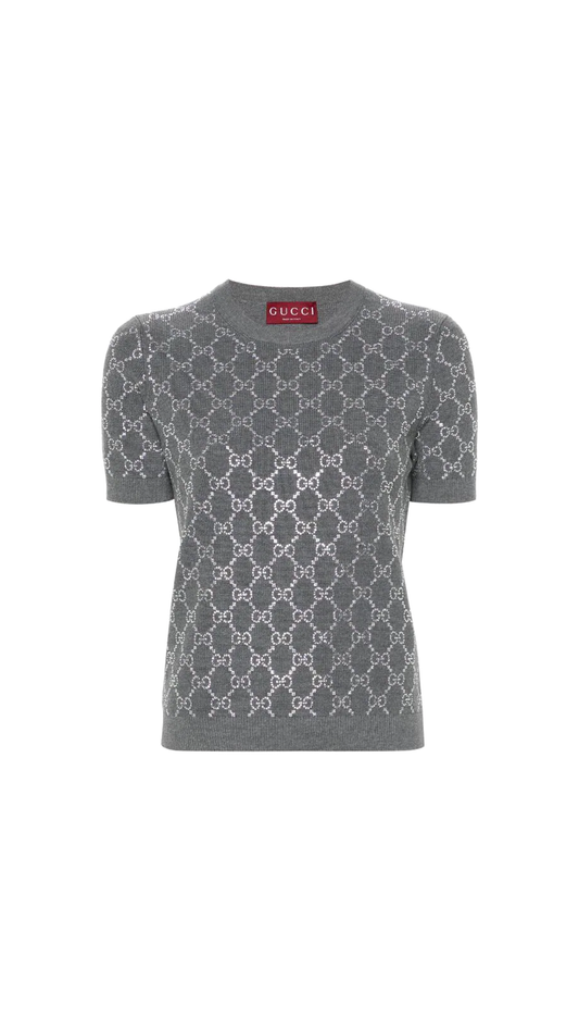 GG Wool Jumper with Rhinestones - Grey