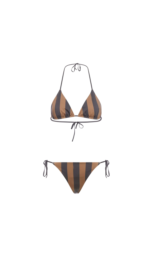 Reversible Striped Bikini Set - Brown