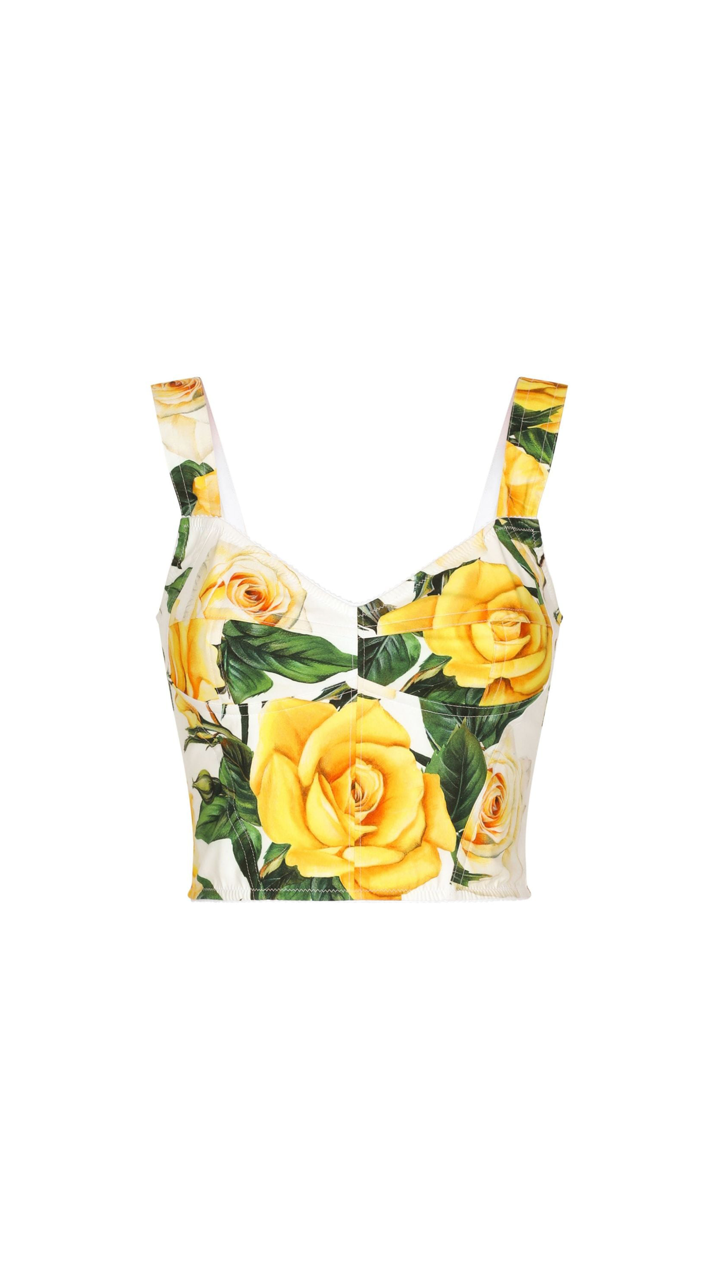 Cotton Corset Top With Rose Print - Multicolour