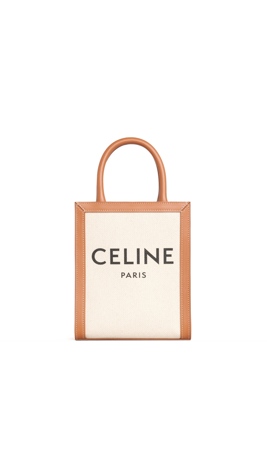 Mini Vertical Cabas Celine in Textile With Celine Print and Calfskin - Natural / Tan