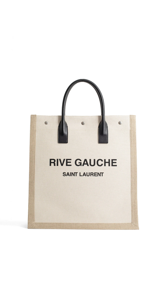 Rive Gauche North/South Tote Bag in Printed Linen and Leather - Lin Blanc/Natural