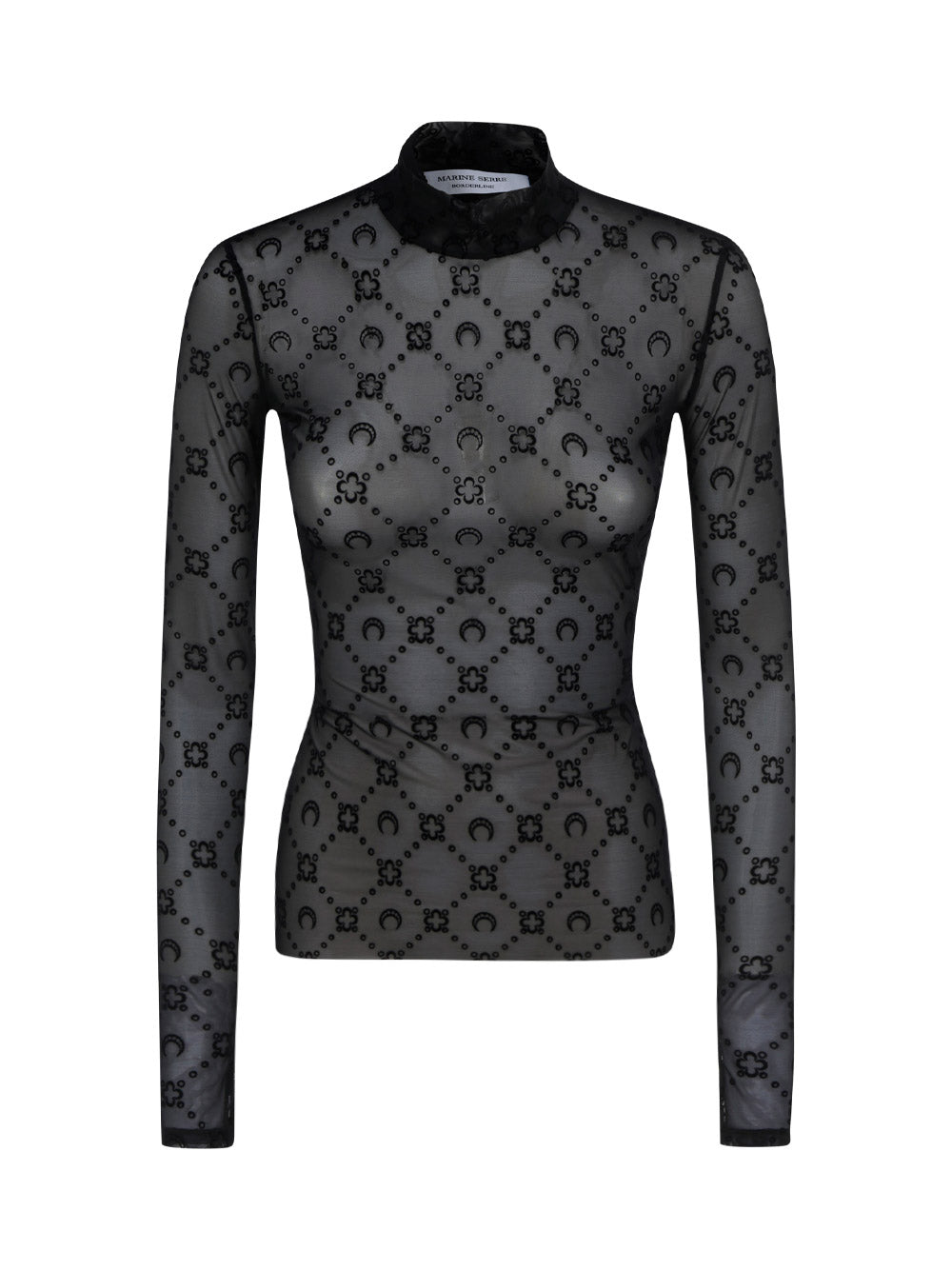 Moonogram-Flocked Mesh Top - Black