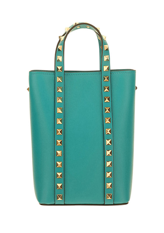 Rockstud Calfskin Leather Pouch With Chain - Marine Green