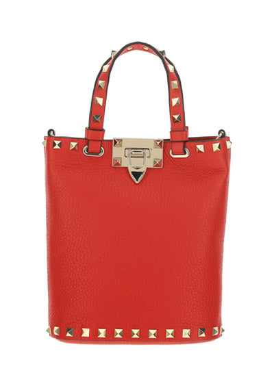 Rockstud Grainy Calfskin Small Tote - Red