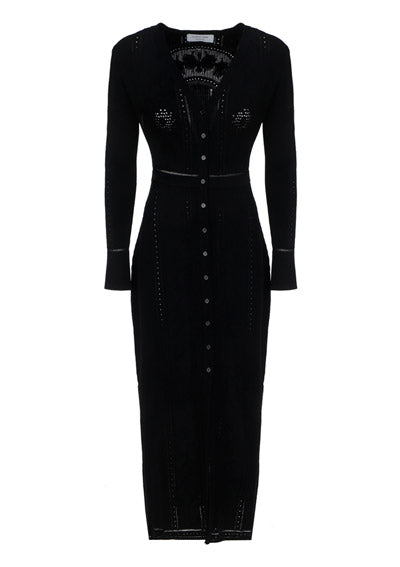Lunar-Pointelle Knit Cardigan Dress - Black