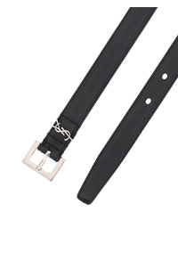 Narrow Leather Belt with a Square Buckle With the YSL Logo - Black.