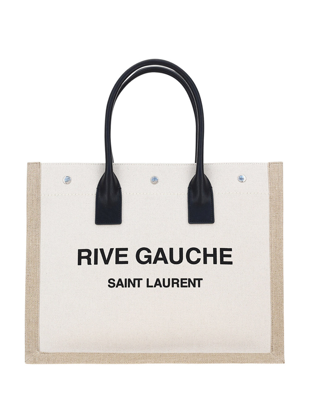 Rive Gauche Small Tote Bag in Linen and Leather - Greige  / Black / Neutral
