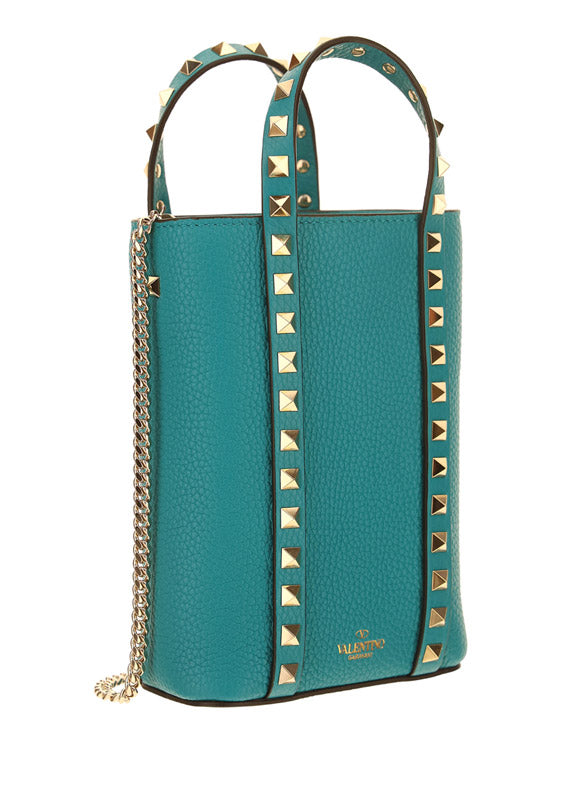 Rockstud Leather Bucket Bag - Turquoise
