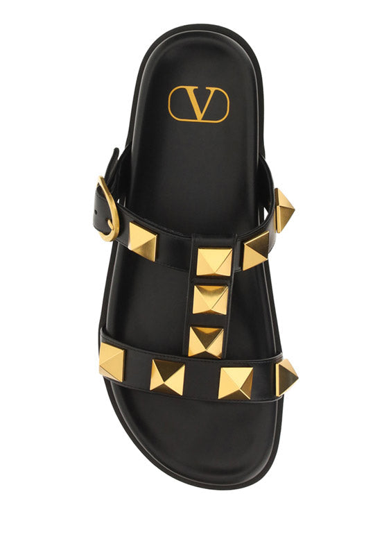 Roman Stud Slide Sandal In Calfskin - Black