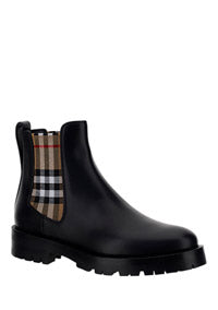 Vintage Check Detail Leather Chelsea Boots - Black