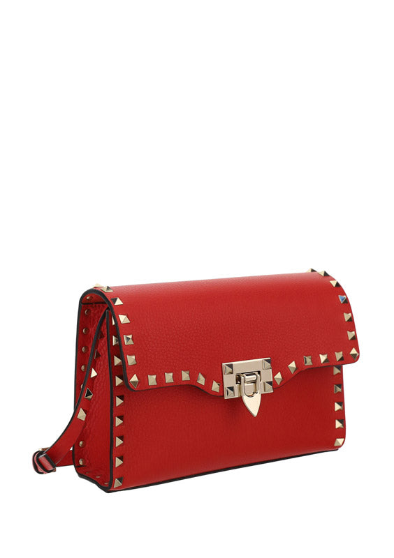 Small Rockstud Grainy Calfskin Crossbody Bag - Red