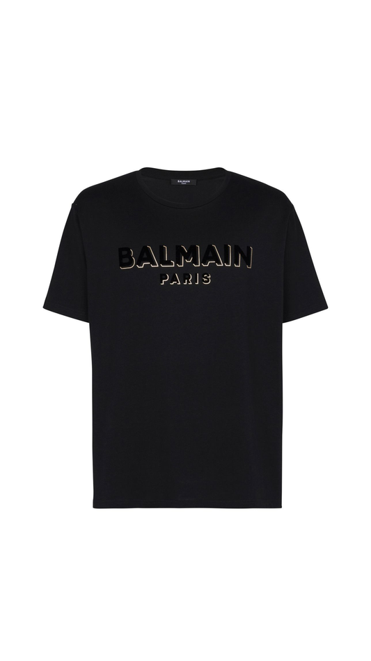 Oversized Cotton T-shirt with Textured Balmain Logo - Black