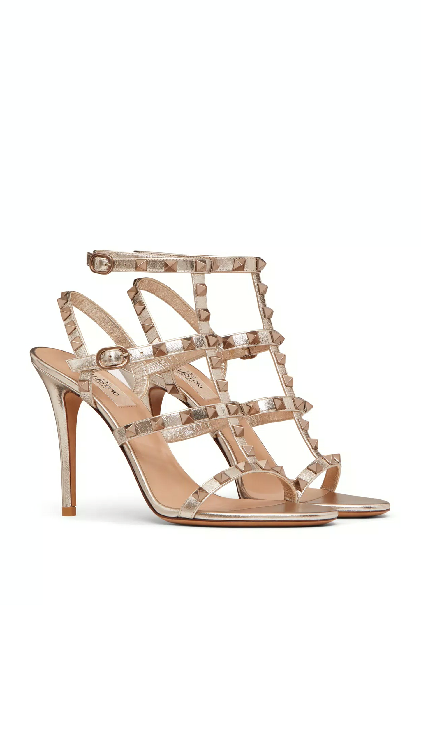 Rockstuds Metallic Calfskin Leather Ankle Strap Sandal 100MM - Skin