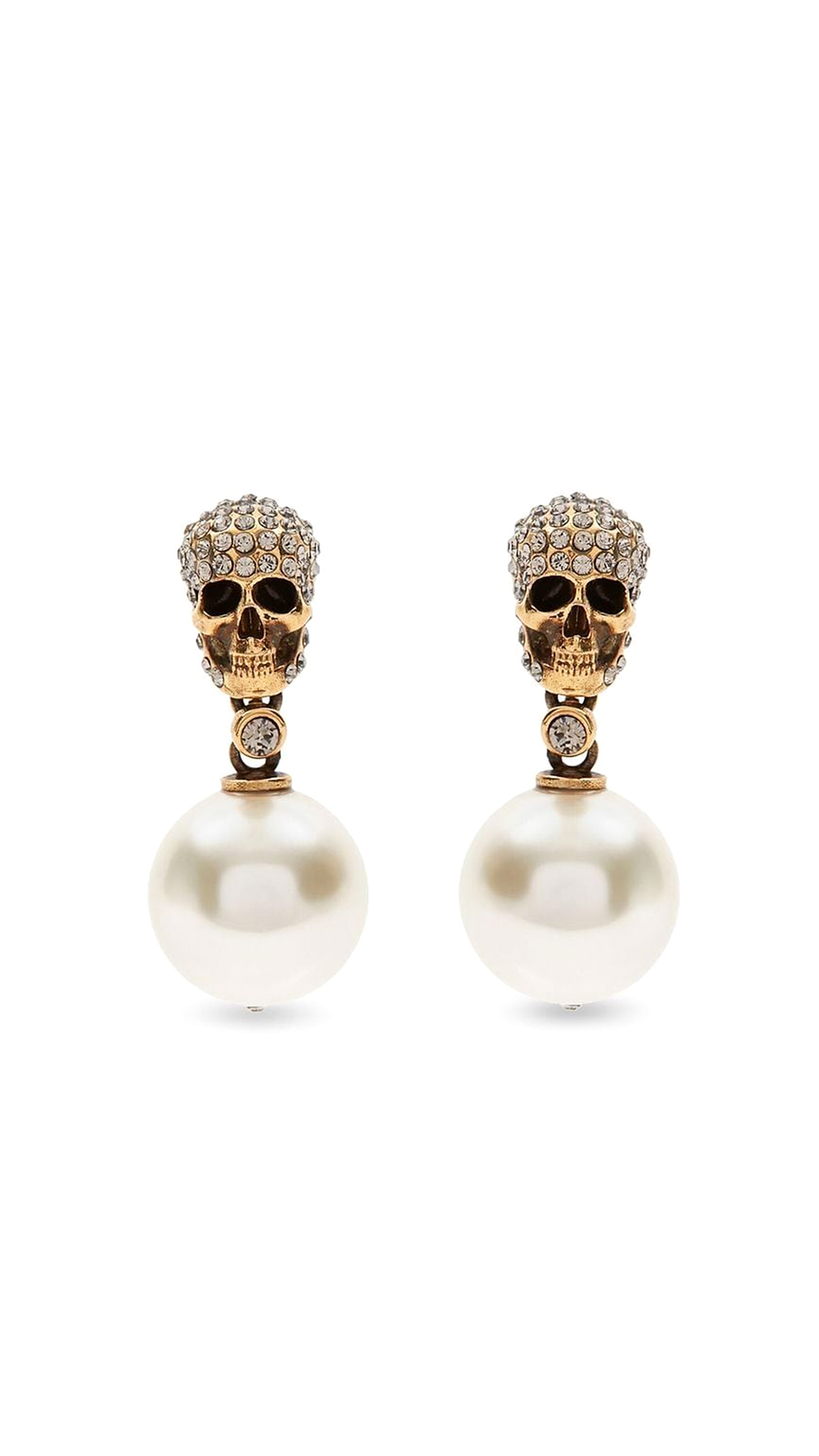 Skull Pearl Drop Earrings - Antique Gold