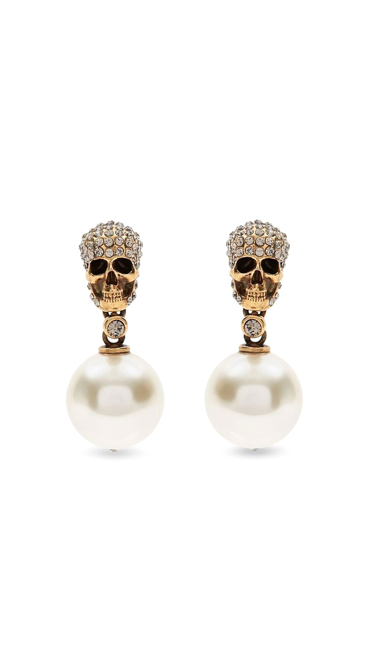 Skull Pearl Drop Earrings - Antique Gold