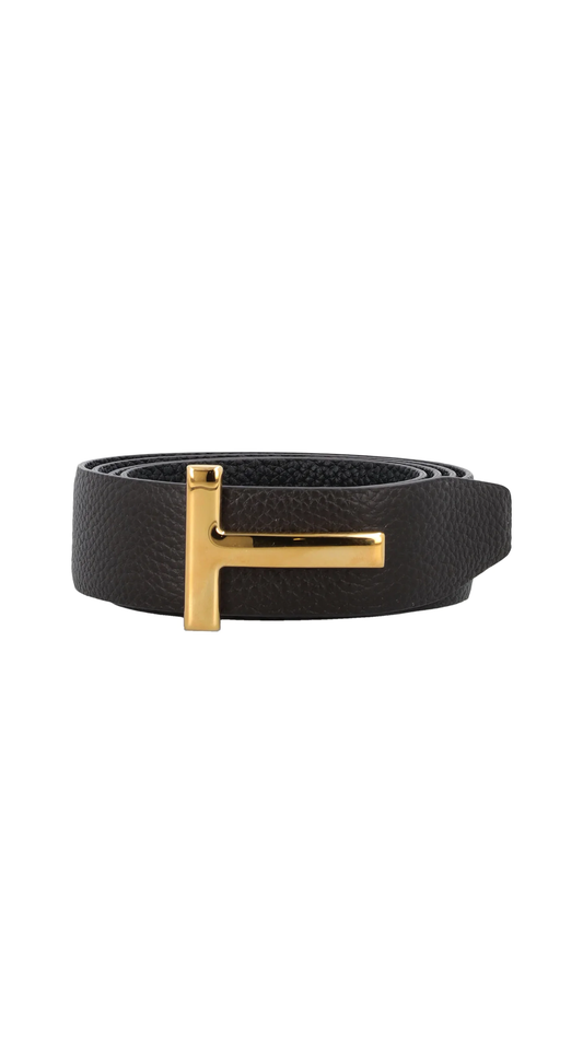 Soft Grain Leather Icon T Belt - Coffee/Black/Gold