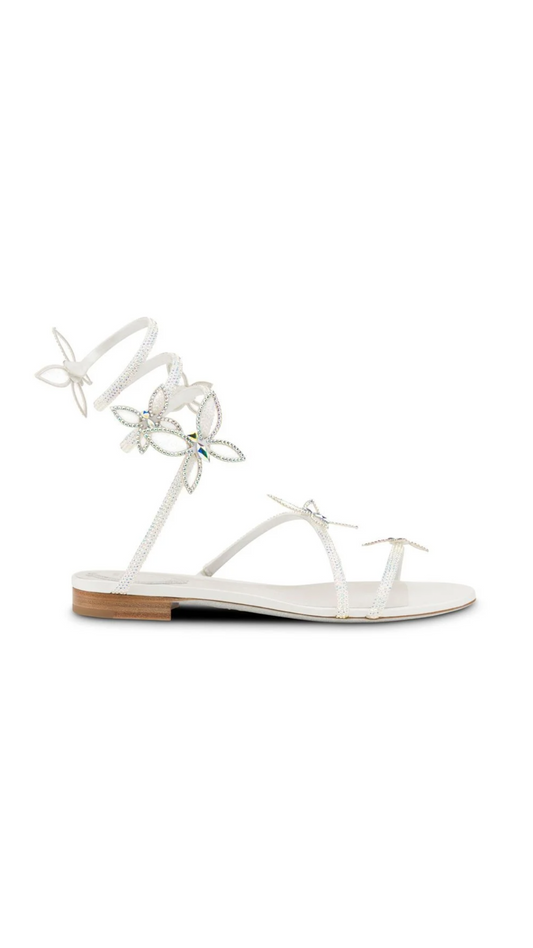 Butterflower Crystal Flat Sandals - Ivory