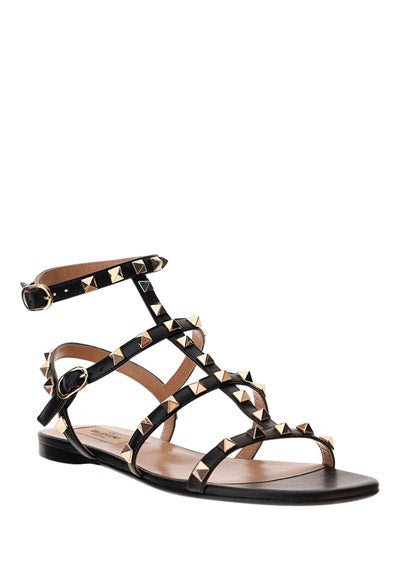 Rockstud Flat Calfskin Sandals with Straps - Black