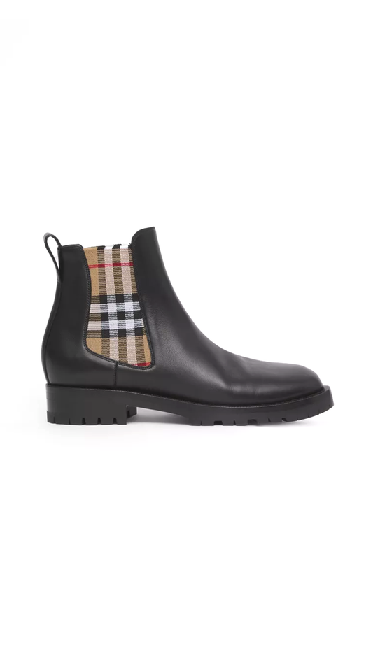 Vintage Check Detail Leather Chelsea Boots - Black