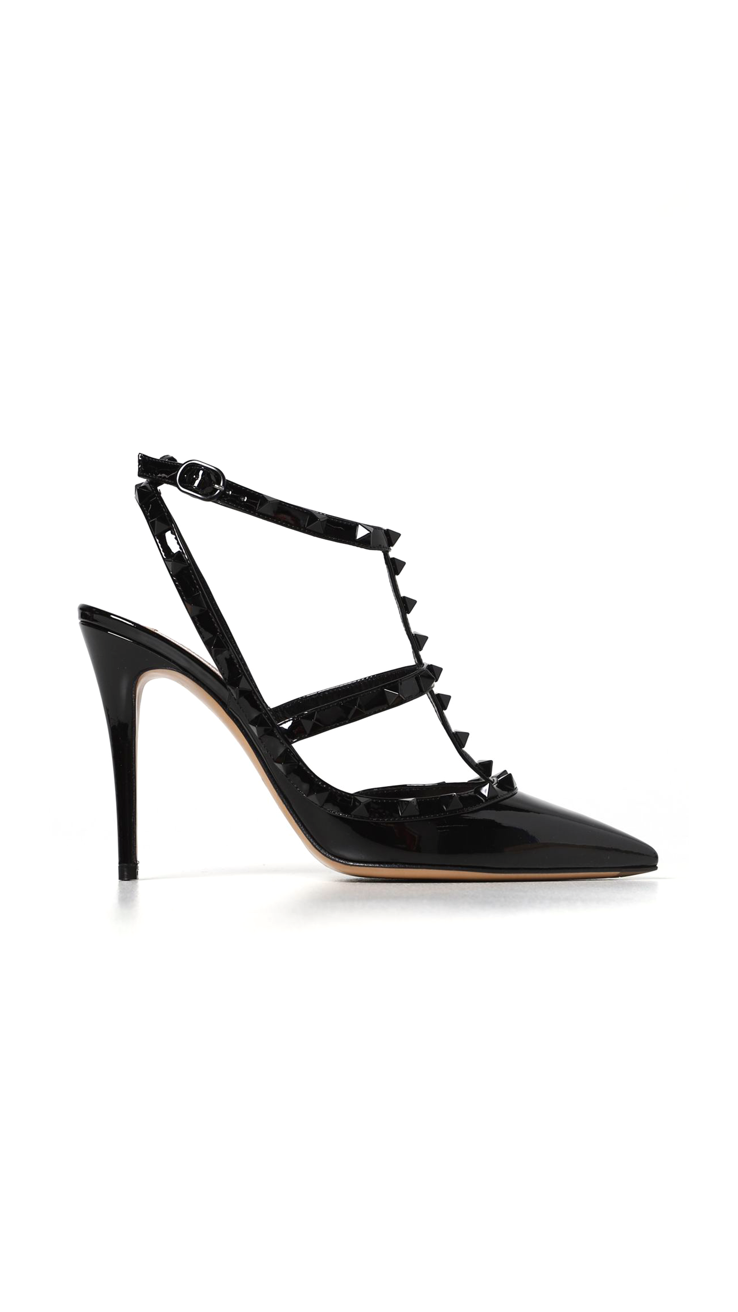 Rockstud Ankle Strap Pump with Tonal Studs in Patent 100 MM - Black