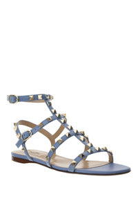 Rockstud Flat Calfskin Sandal with Straps - Azure