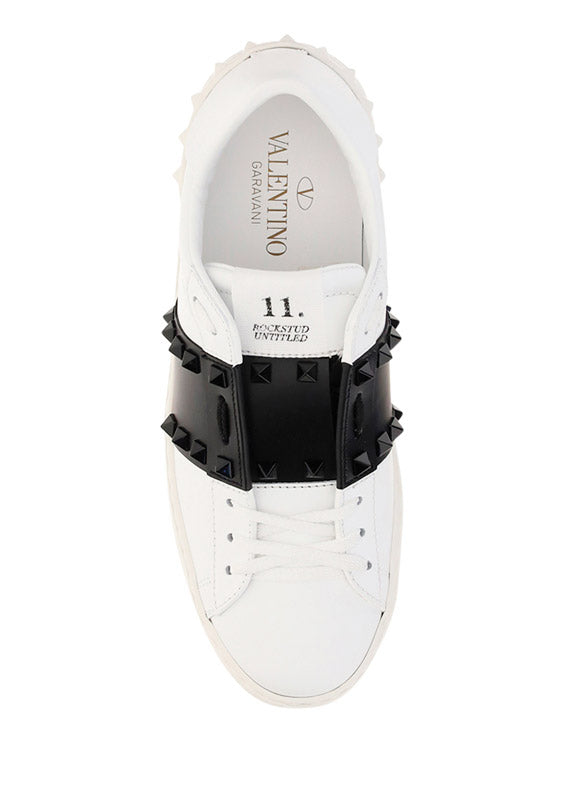 Rockstud Untitled Sneakers in Calfskin Leather with Tonal Stude - White/Black