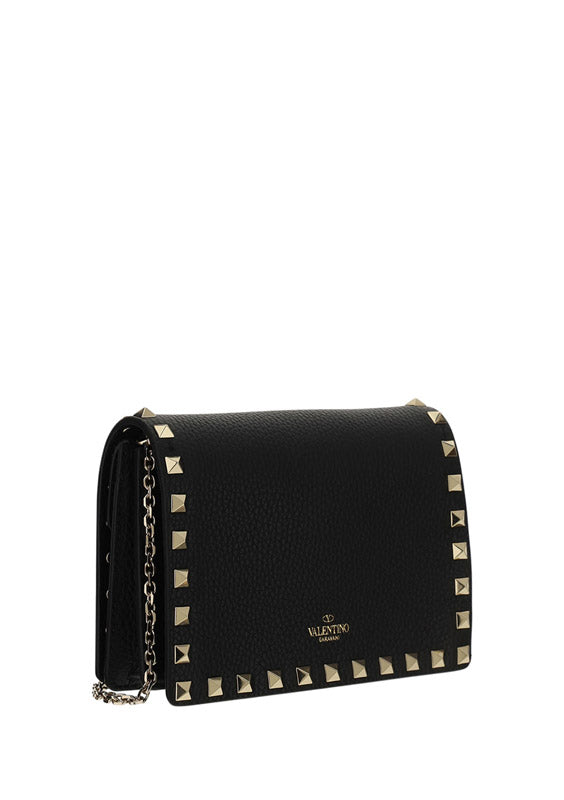 Rockstud Grainy Calfskin Chain Pouch - Black.