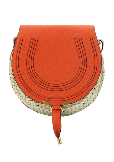 Small Marcie Cross-body Basket in Hand-Braided Raffia & Small Grain Calfskin - Rusted Orange