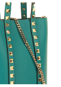 Rockstud Calfskin Leather Pouch With Chain - Marine Green