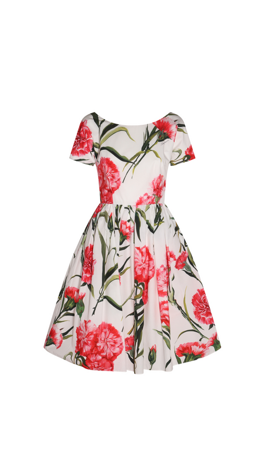 Carnation-print Poplin  Midi Dress - White/Pink